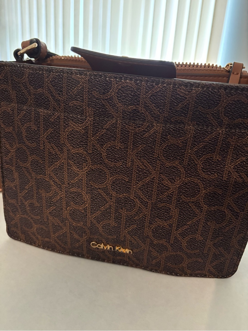 Calvin Klein Monogram Crossbody in Dark Brown and Tan